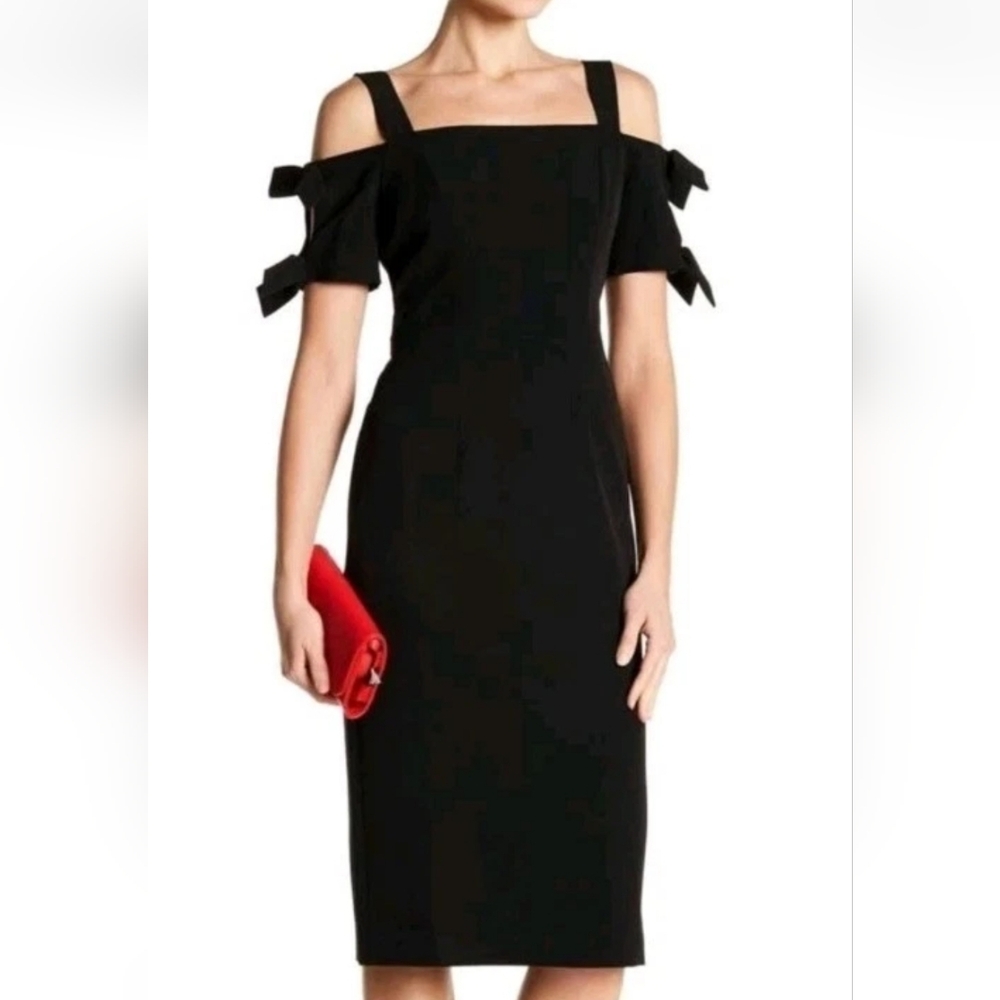 Maggy London solid black cold shoulder bow detail sheath midi dress 4